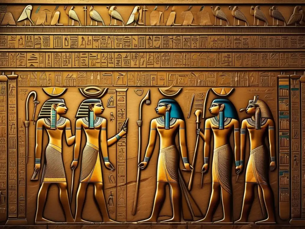 Reflejo mitológico en escritura egipcia: Un muro de un antiguo templo egipcio, bien conservado, cubierto de intrincados jeroglíficos