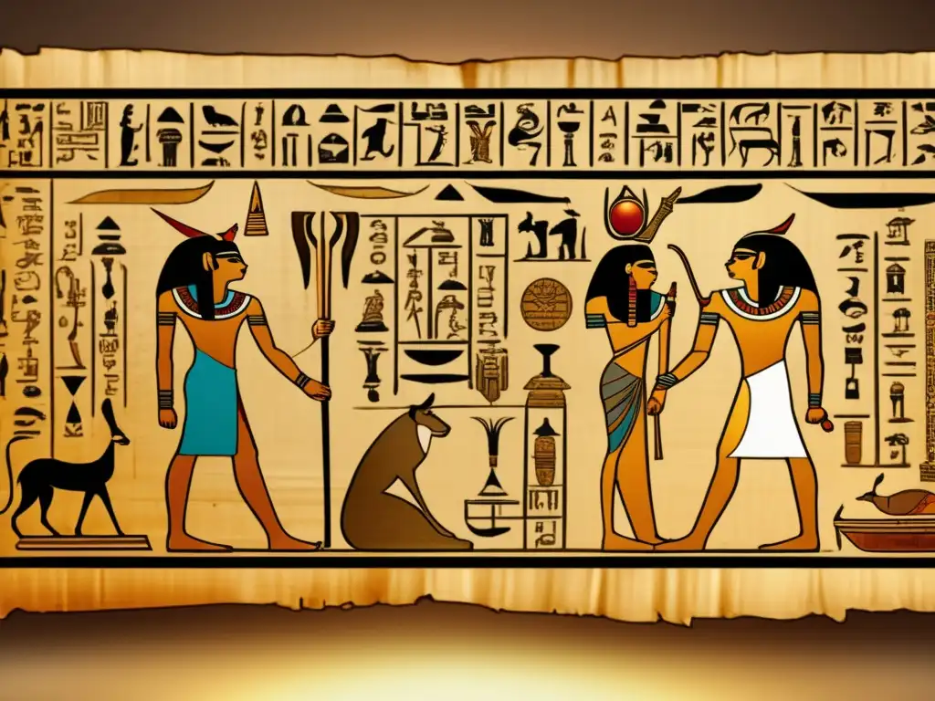 Reflejo mitológico en escritura egipcia: Un antiguo pergamino desplegado, iluminado por una suave luz dorada
