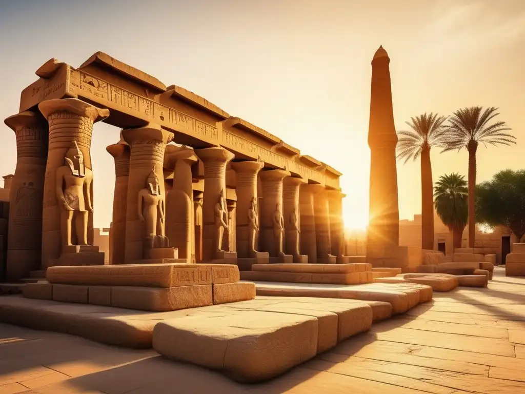 Un reflejo mitológico en escritura egipcia: el majestuoso Templo de Karnak en Luxor, Egipto, bañado por la cálida luz dorada del atardecer
