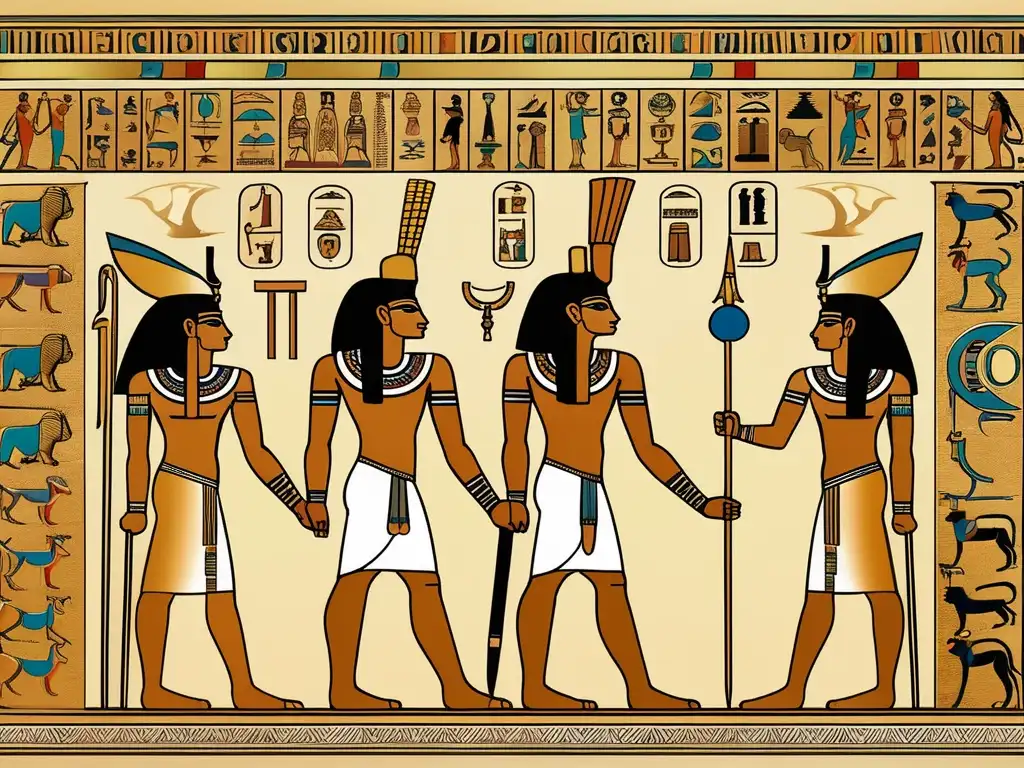 Reflejo mitológico en escritura egipcia: Imagen 8K detallada del dios Thoth en posición sentada, con atuendo y objetos de escritura, en tonos cálidos y estética vintage