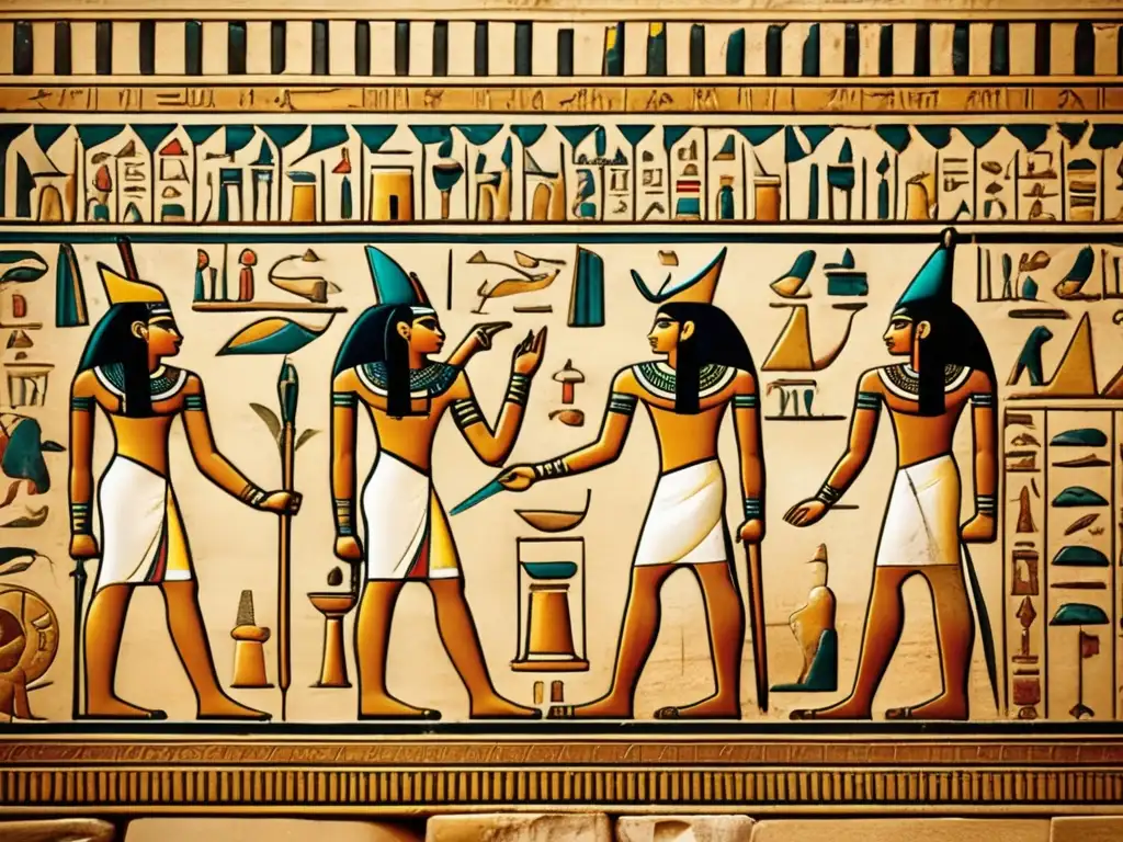 Reflejo mitológico en escritura egipcia: Un muro antiguo de un templo egipcio cubierto de intrincados jeroglíficos