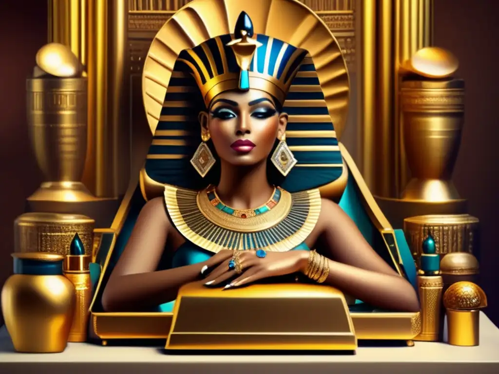 Una reina egipcia adornada en un trono dorado rodeada de lujosos cosméticos