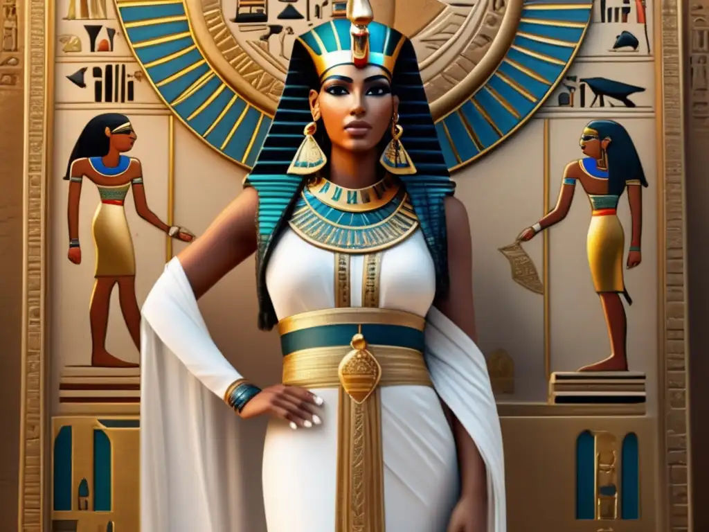 Una reina egipcia antigua, vestida elegantemente con atuendo tradicional, destaca frente a un fondo de jeroglíficos e intrincados motivos egipcios
