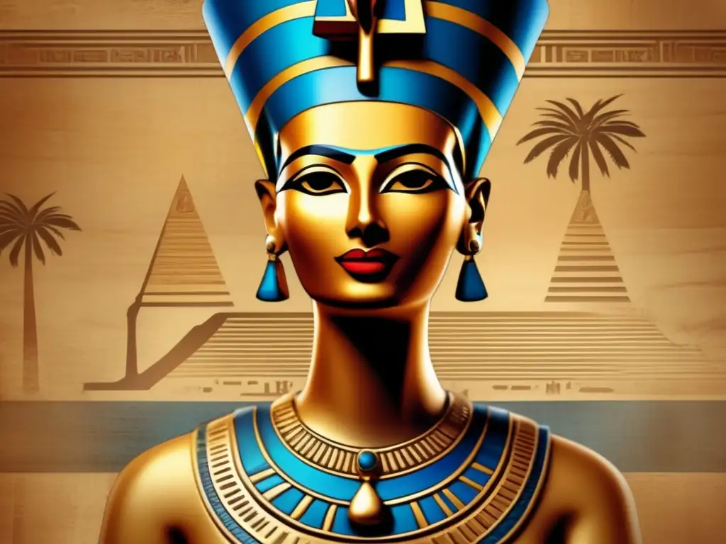 Nefertiti, la reina enigmática, su busto majestuoso se alza sobre jeroglíficos antiguos
