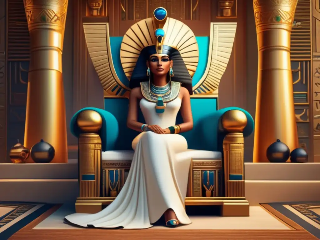 Una reina faraónica en su majestuosa residencia real, rodeada de opulencia y belleza antigua