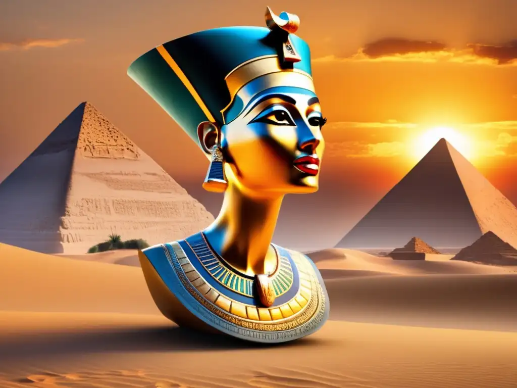 La Reina misteriosa del Sol Egipto: la puesta de sol dorada ilumina la enigmática busto de Nefertiti, revelando su belleza regia y sonrisa enigmática
