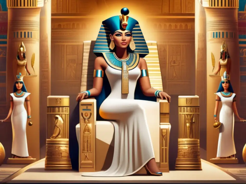 Reinas y princesas del Antiguo Egipto, poderosas y hermosas, conversan en un palacio real decorado con jeroglíficos y ornamentos dorados