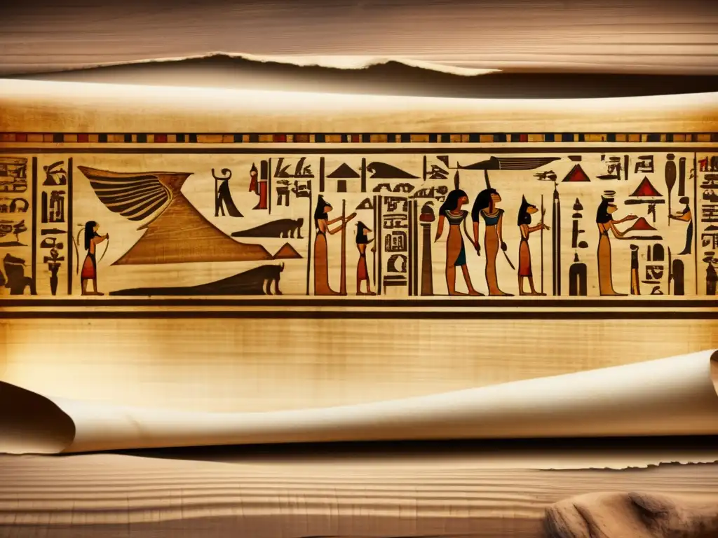 Relaciones internacionales egipcias plasmadas en un papiro antiguo, desplegado con delicadeza sobre una superficie de madera envejecida