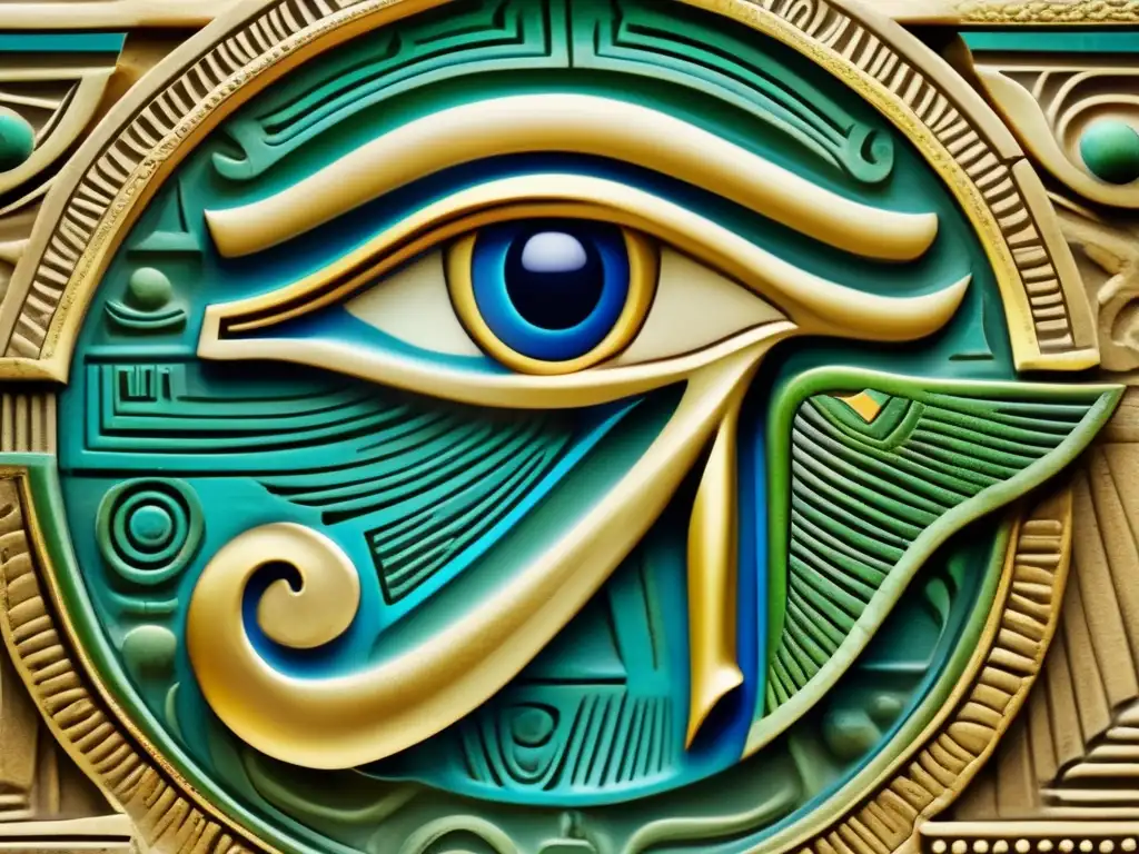 Relieve antiguo del Ojo de Horus, con detalles intrincados y colores vibrantes