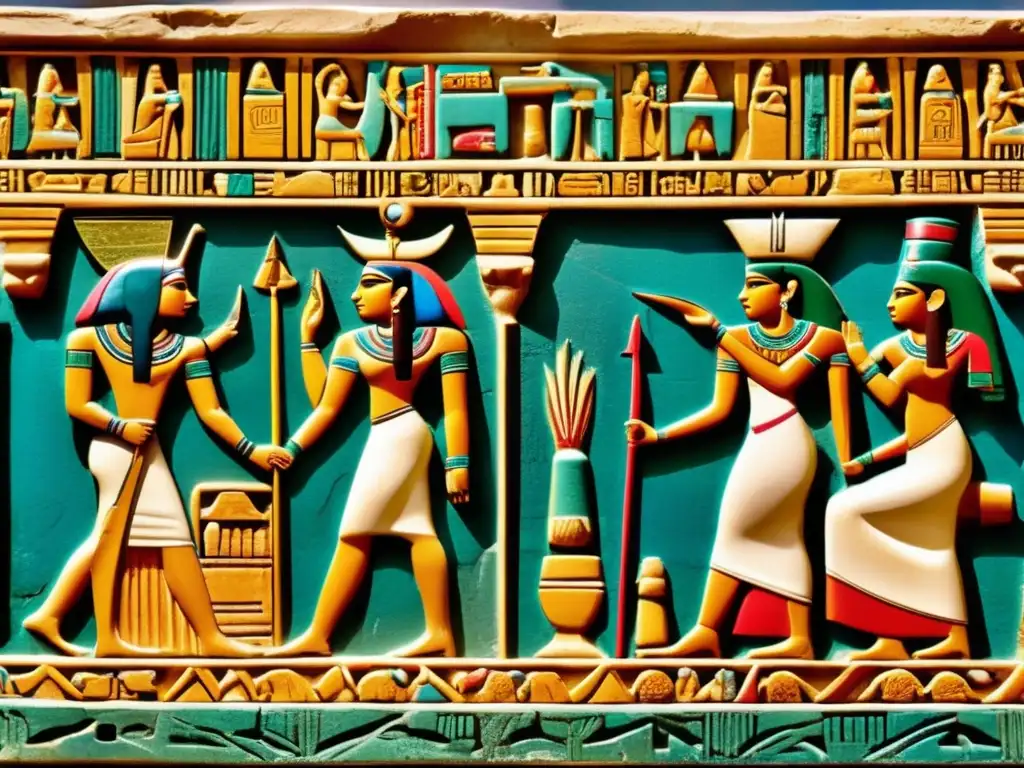 Relieve antiguo de templo egipcio muestra dioses y rituales sagrados