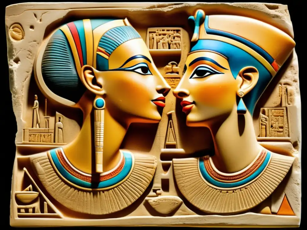 Relieve egipcio vintage de Akhenaten y Nefertiti, con cambios religiosos en la XVIII Dinastía