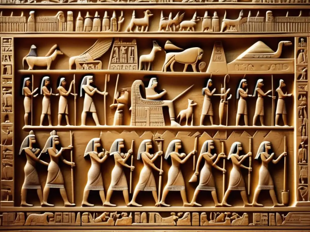 Relieve tallado del Antiguo Egipto muestra la vida cotidiana con colores desvanecidos, el Nilo y las pirámides al fondo