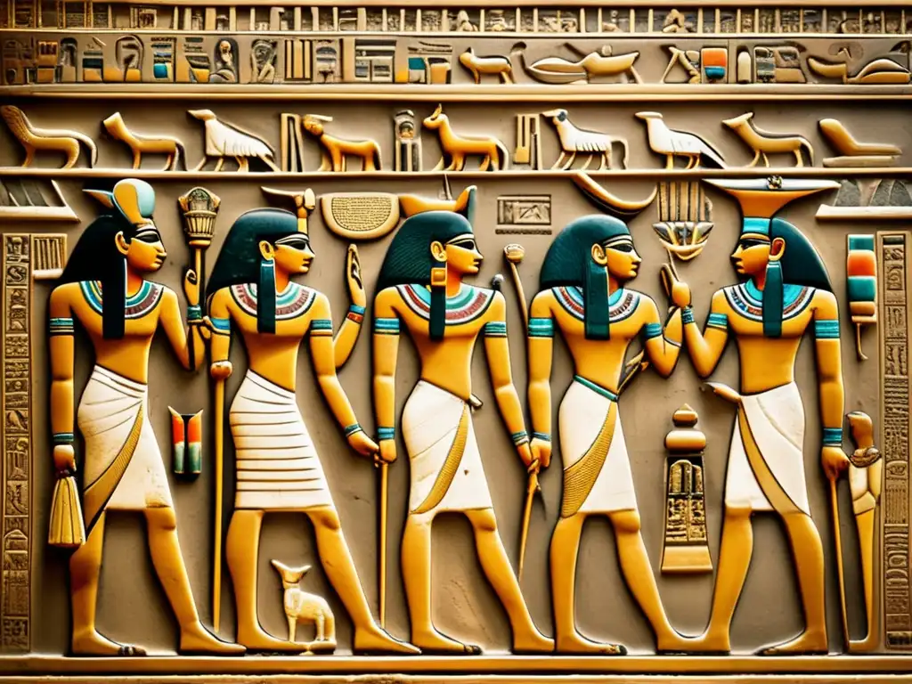 Relieves en piedra documentación histórica: Una detallada imagen de un antiguo relieve egipcio en piedra, con intricados grabados de faraones, dioses y jeroglíficos
