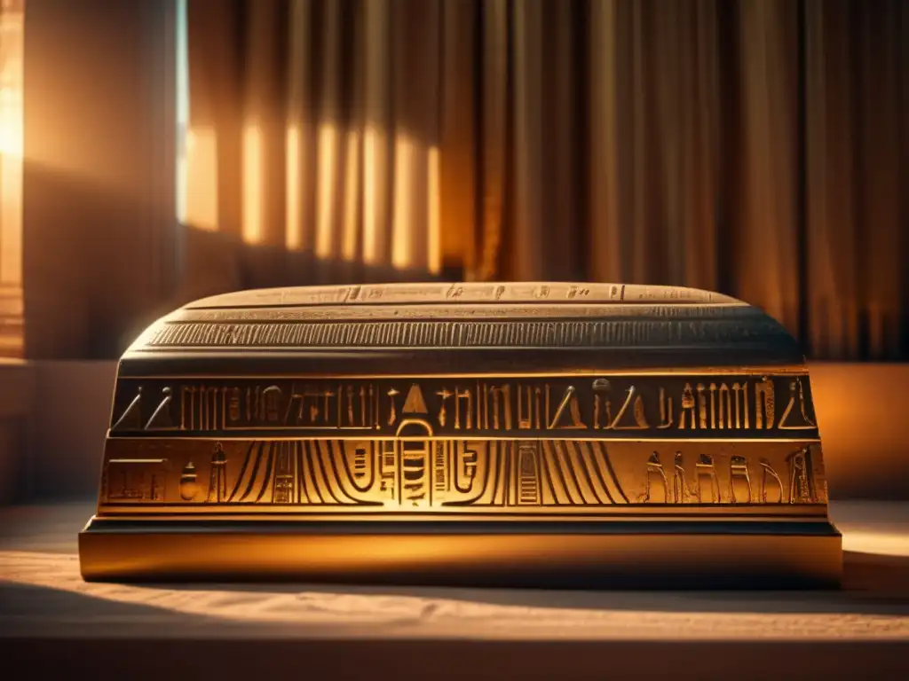 Una reliquia egipcia antigua y preservada, un sarcófago adornado con jeroglíficos, iluminado por rayos dorados en una habitación tenue