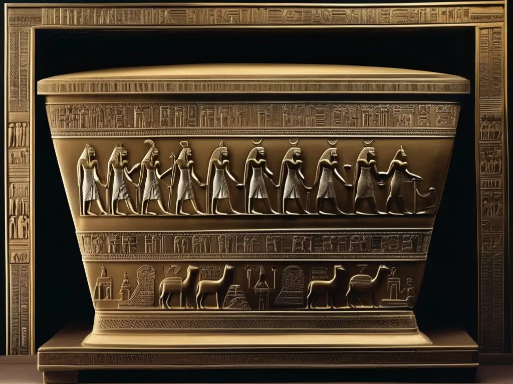 Una fotografía vintage muestra detalladamente una reliquia egipcia antigua, un sarcófago dorado adornado con jeroglíficos y tallados