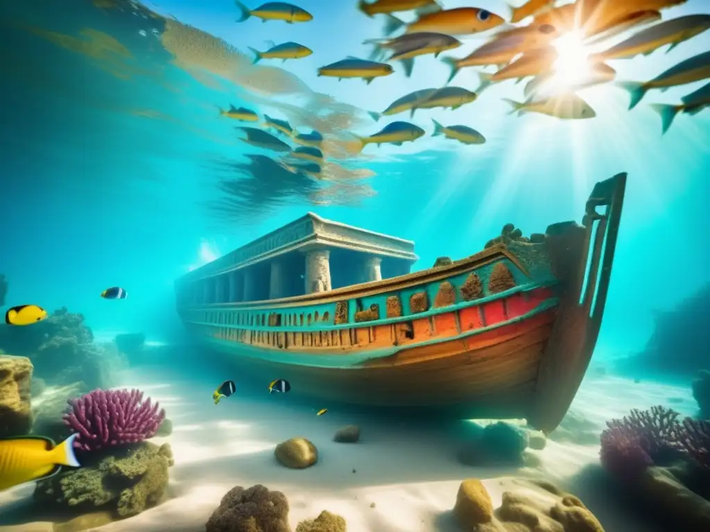 Reliquias sumergidas del Egipto Mediterráneo: un antiguo naufragio egipcio rodeado de coral vibrante y peces coloridos