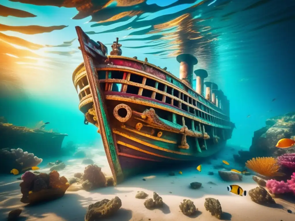 Reliquias sumergidas en el Mediterráneo: Un antiguo naufragio descansa en el fondo marino, rodeado de coral vibrante y peces coloridos