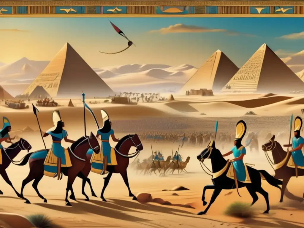 Una representación detallada en 8k de una antigua pintura mural egipcia muestra una escena de batalla
