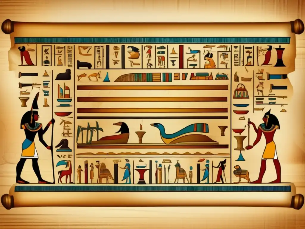 Una representación detallada en estilo vintage de un antiguo rollo de papiro egipcio con intrincadas inscripciones jeroglíficas