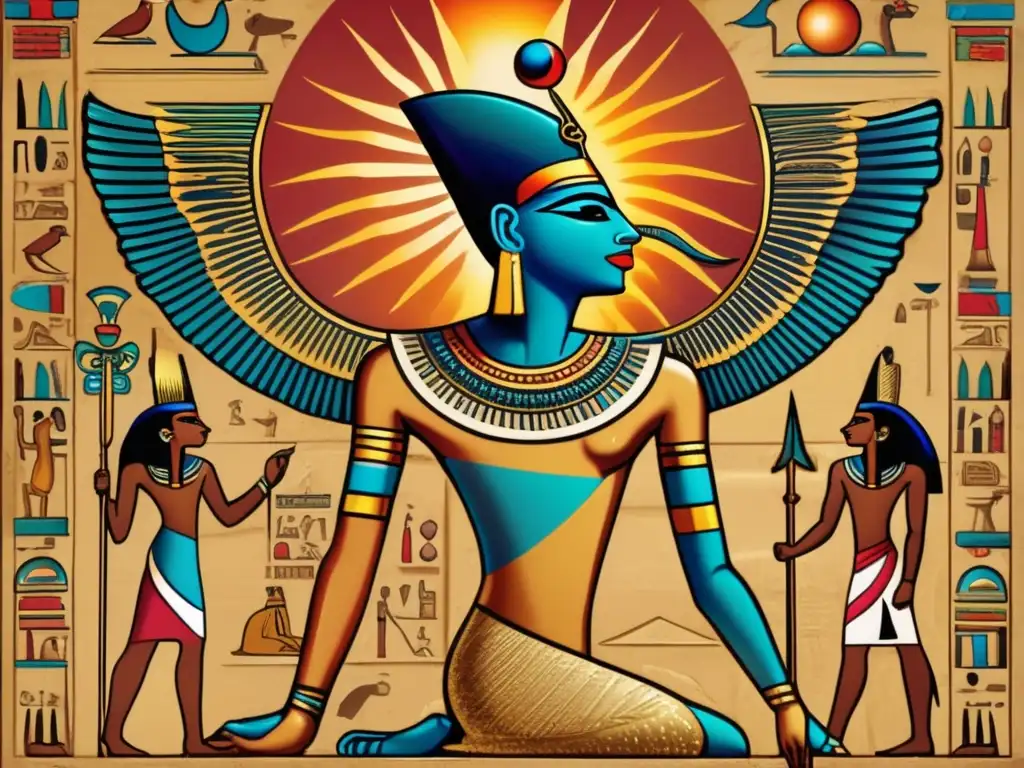 Una representación detallada de un mural egipcio vintage que muestra al dios Ra rodeado de jeroglíficos y colores vibrantes