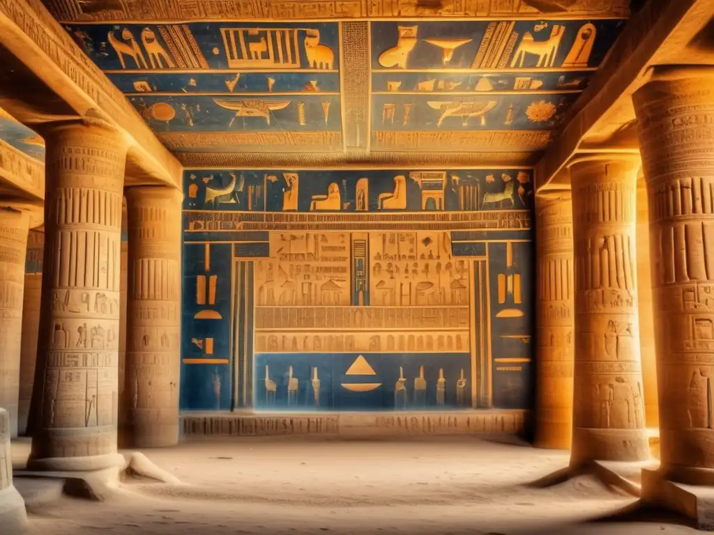Representaciones astronómicas en la arquitectura egipcia: Detallada imagen del interior del Templo de Hathor en Dendera, Egipto