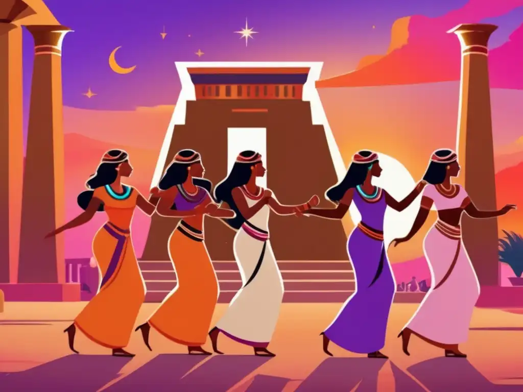 Representaciones de danzarinas en Egipto: Mujeres egipcias danzando graciosamente en un patio del templo al atardecer, con colores vibrantes y vestimenta elegante