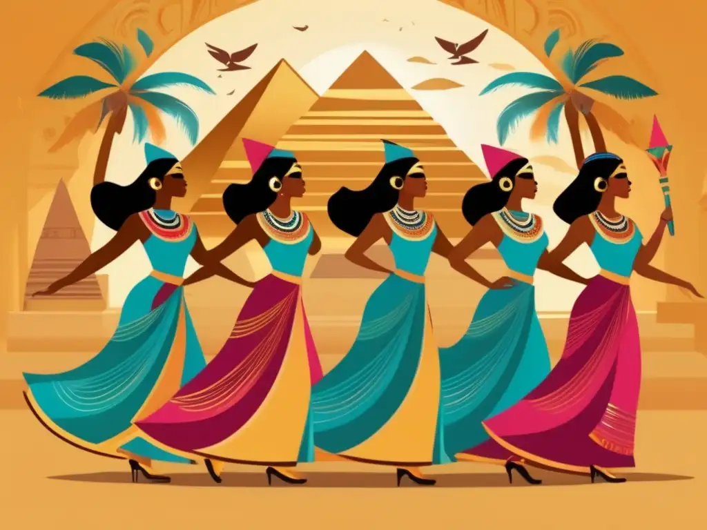 Representaciones de danzarinas en Egipto: Un ilustración de estilo vintage muestra un grupo de danzarinas egipcias girando y bailando con gracia en coloridos trajes, mientras el antiguo Egipto se revela en el fondo con majestuosas pirámides y jeroglíficos tallados