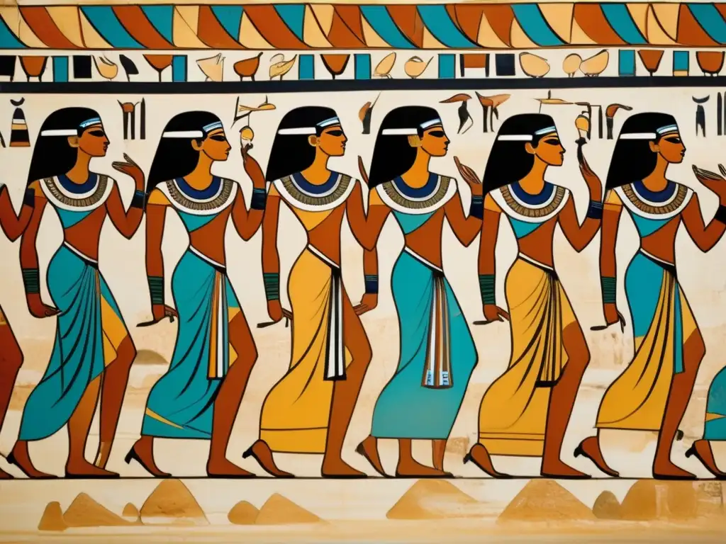 Representaciones de danzarinas en Egipto: Una pintura mural detallada de danzarinas egipcias antiguas en trajes vibrantes y elaborados, capturadas en movimiento armonioso en un templo adornado con inscripciones y símbolos