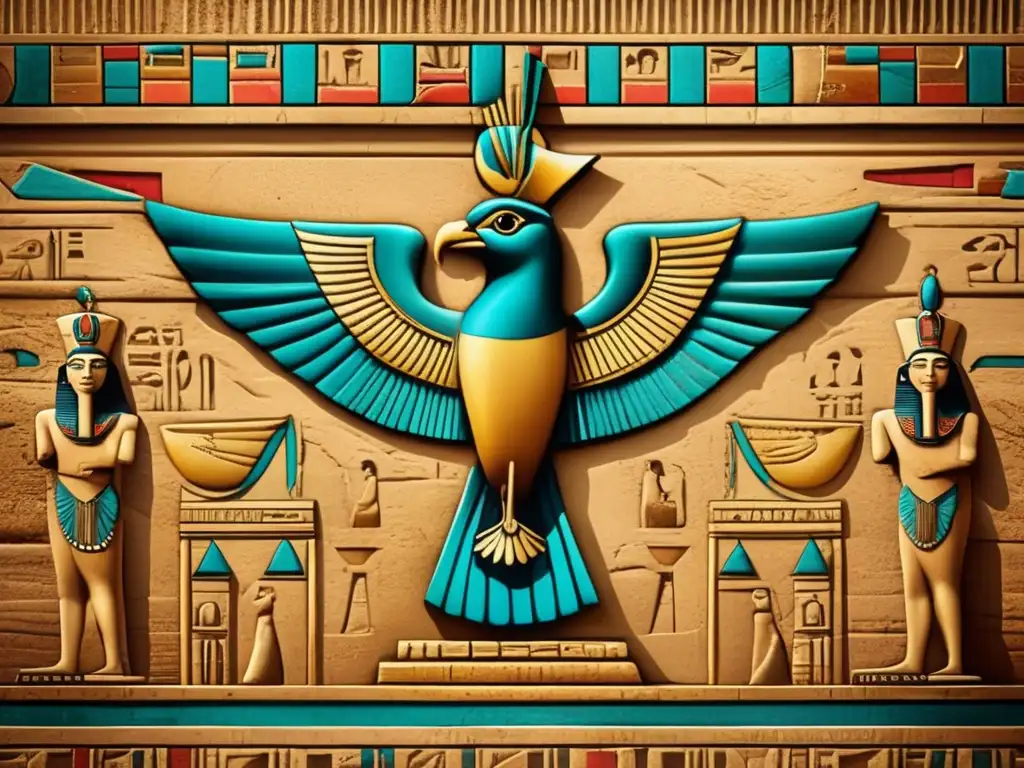 Representaciones de dioses en el arte egipcio: Una imagen detallada en 8k de un antiguo templo egipcio con relieves y jeroglíficos coloridos