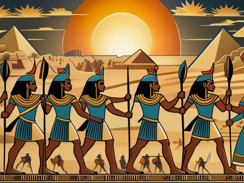 Representaciones de guerra en arte egipcio: Detallada imagen 8k de un mural vintage egipcio que muestra una escena de batalla