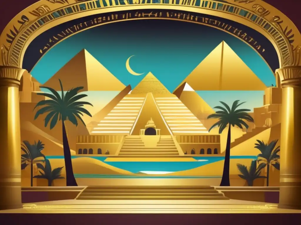 Representaciones modernas de la civilización egipcia: Un escenario vintage exquisito y detallado, adornado con piezas doradas temáticas de Egipto