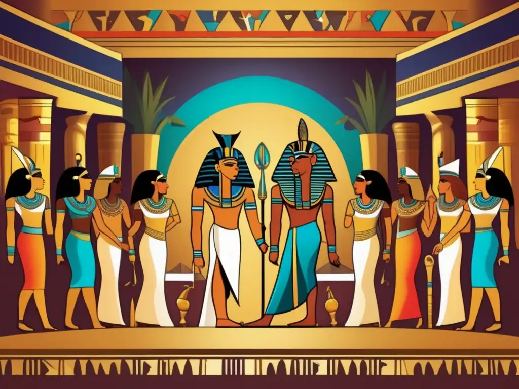 Representaciones modernas de la civilización egipcia: un espectáculo teatral en un majestuoso palacio egipcio, lleno de colores vibrantes y diseños intrincados