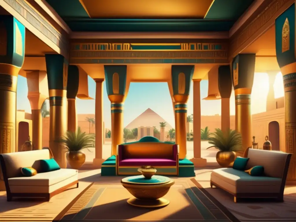 Residencia majestuosa de reinas faraónicas, con columnas talladas, jeroglíficos coloridos y muebles lujosos
