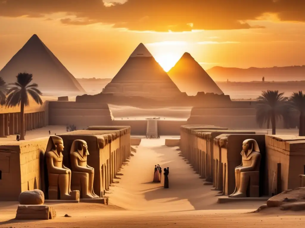 La respuesta egipcia al primer periodo intermedio: las ruinas doradas de los templos y pirámides antiguas, iluminadas por un cálido atardecer