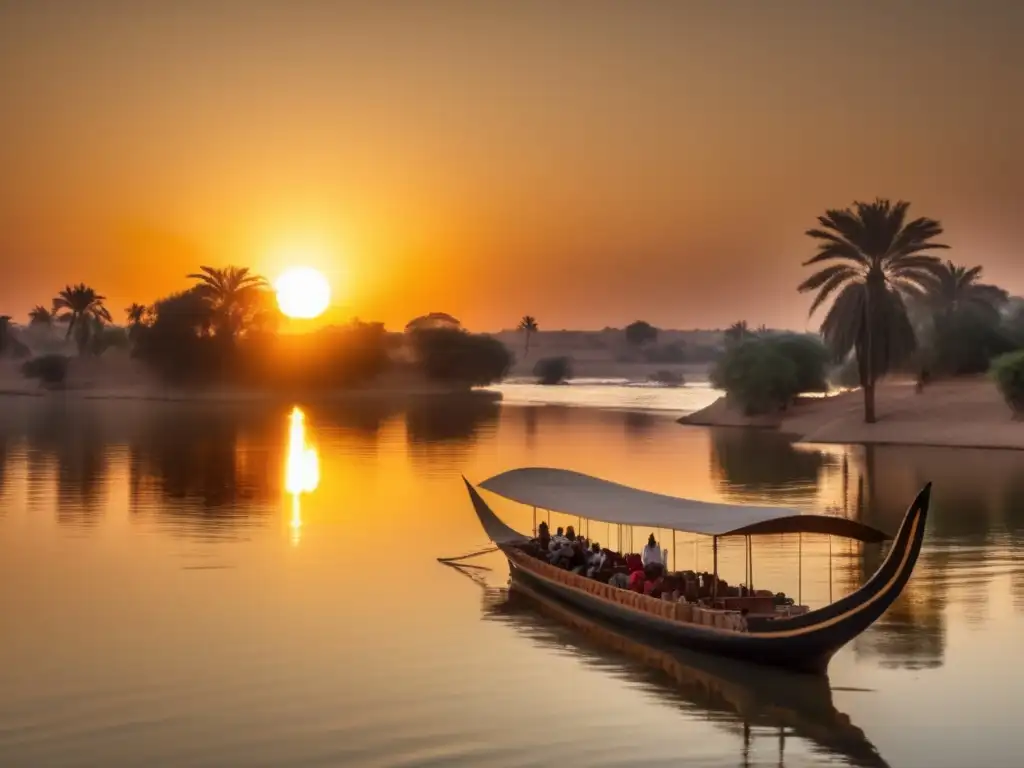 Restauración de barcas solares en Egipto: Atardecer sobre el Nilo, con una antigua embarcación egipcia restaurada rodeada de exuberante vegetación y palmeras