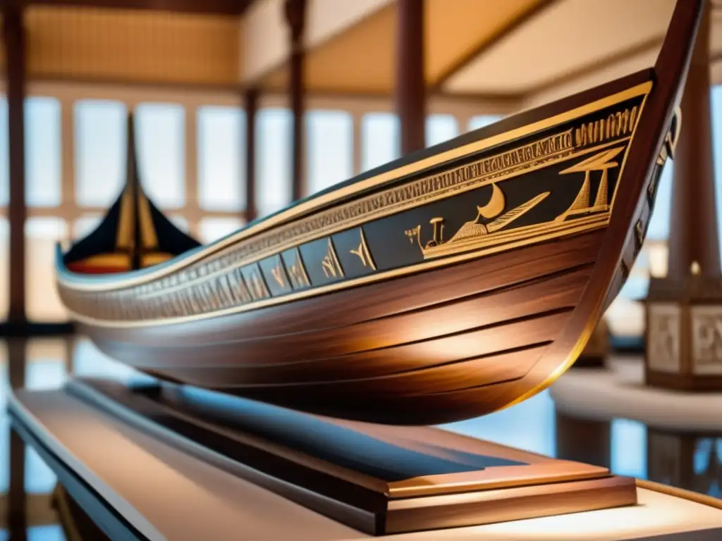 Restauración de barcas solares de Egipto: una imagen detallada de una antigua barca solar egipcia, bellamente restaurada y exhibida en un museo