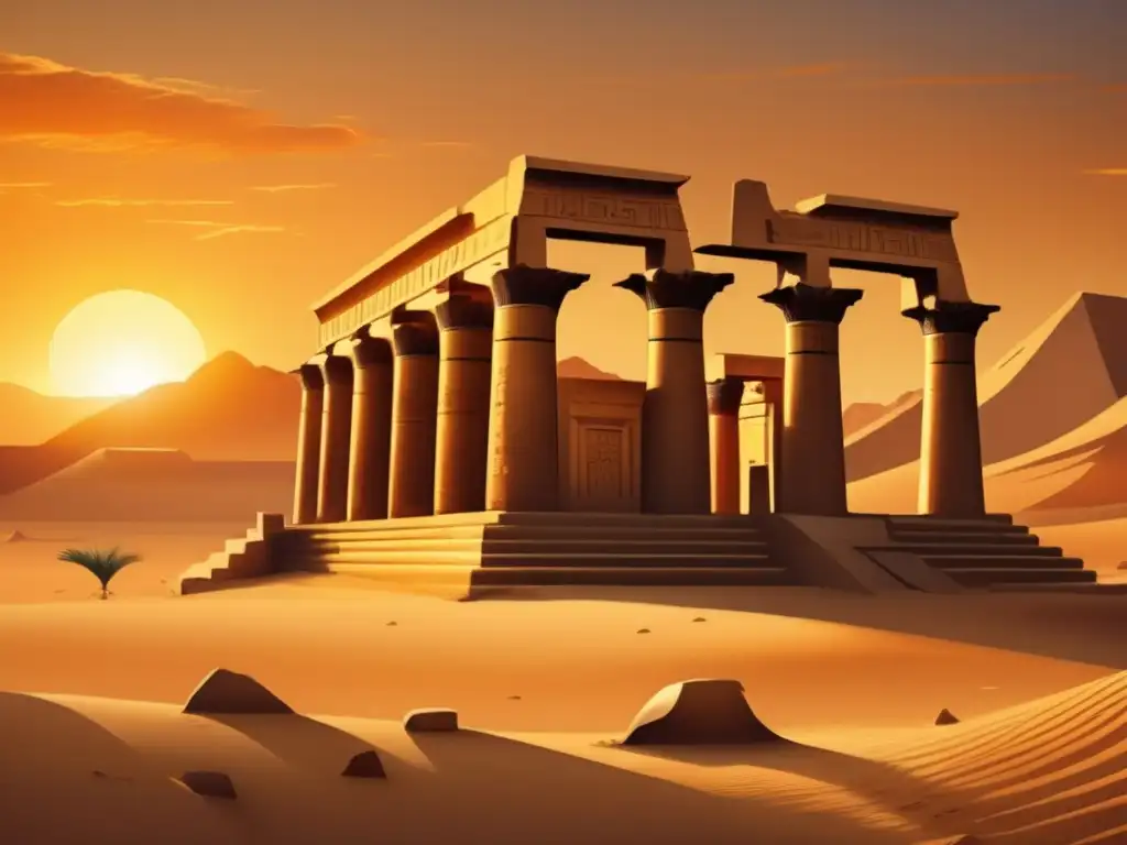 Los restos de un antiguo templo egipcio de la Dinastía IX se alzan majestuosos en el desierto dorado, su historia grabada en columnas y jeroglíficos
