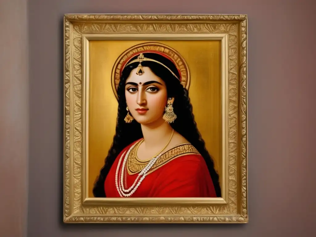 Retrato del Arte del Fayum: una joven de realismo sorprendente enmarcada en oro, su expresión serena evoca historia y trascendencia