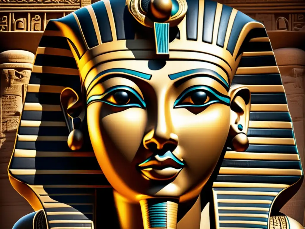 Un retrato en estilo vintage de una escultura egipcia antigua, revelando los detalles intrincados de su rostro dañado