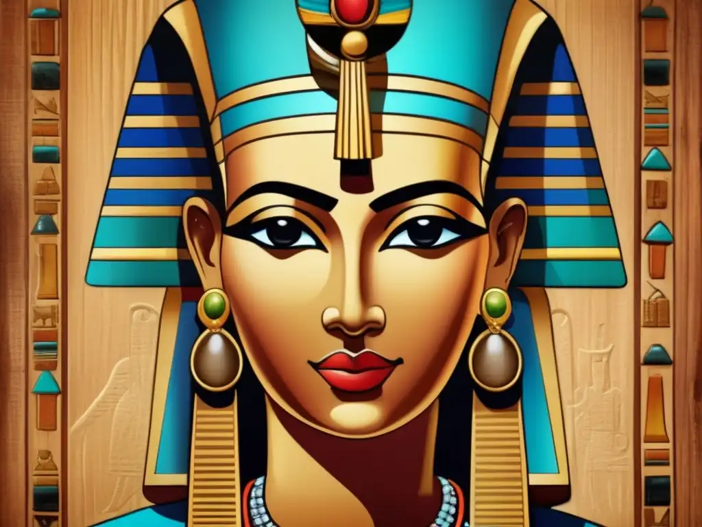 Un retrato funerario del Antiguo Egipto en estilo vintage, con una noble adornada y misteriosos jeroglíficos