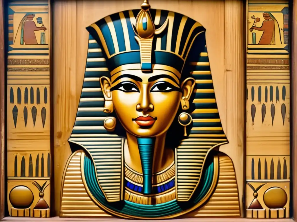 Retrato funerario antiguo de Egipto en madera detallado, con colores desgastados y auténticas inscripciones jeroglíficas