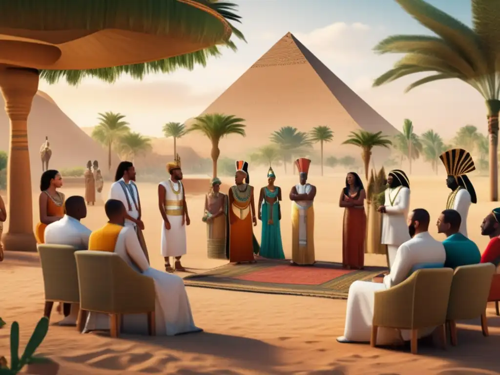 Una reunión diplomática entre Egipto y Nubia en un exuberante oasis del desierto