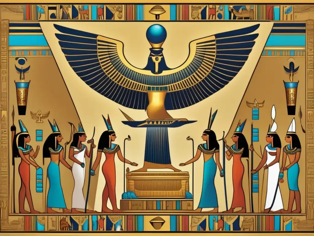 Ritos de conmemoración del nacimiento de los dioses egipcios en una pintura vintage de gran detalle y atmósfera sagrada