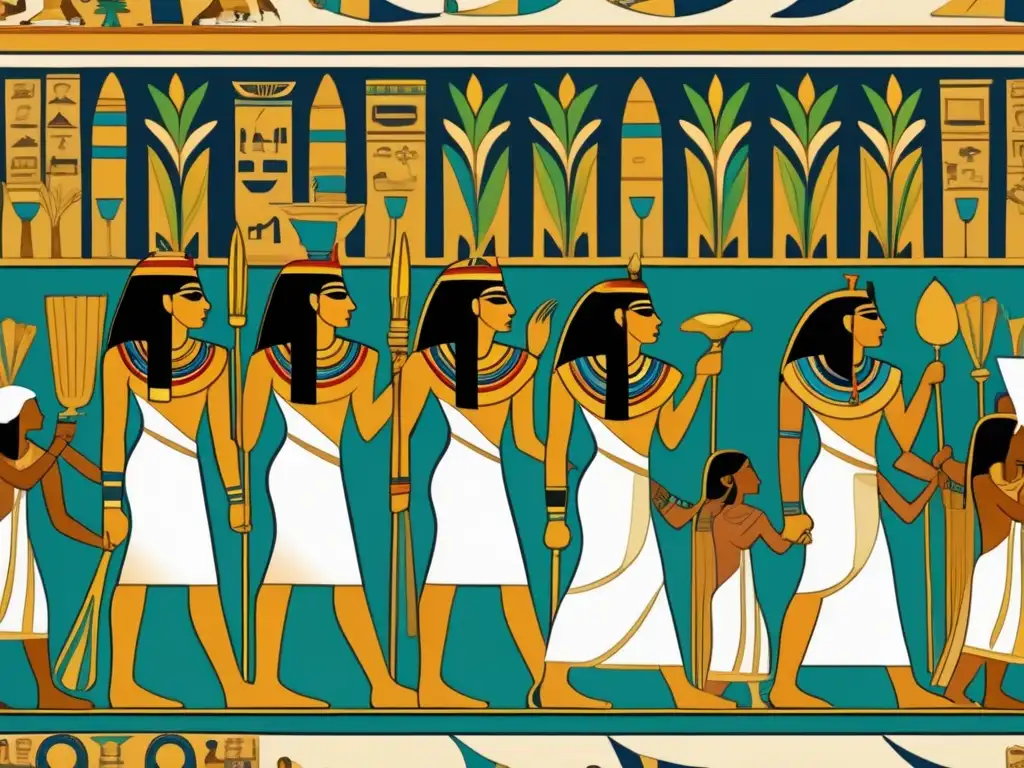 Evolución de ritos funerarios en Egipto: una procesión antigua muestra luto, ofrendas y música, envuelta en paisajes desérticos y pirámides