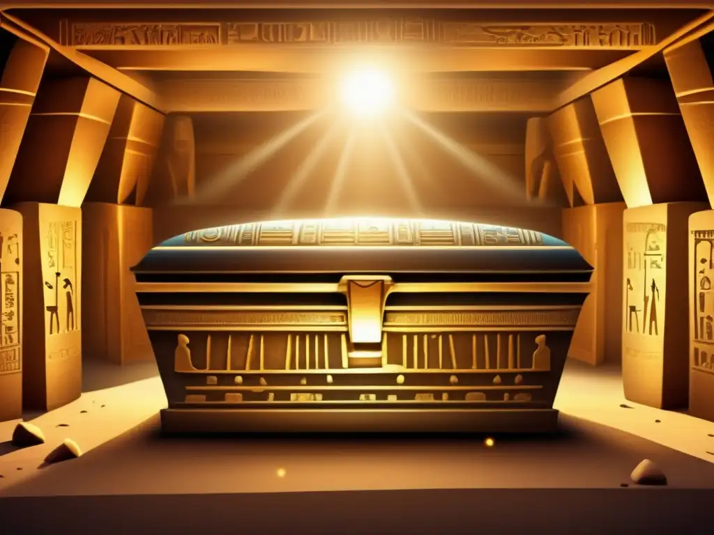 Evolución de ritos funerarios en Egipto: una cámara antigua deslumbra con sarcófagos ornamentados, jeroglíficos y un aura mística