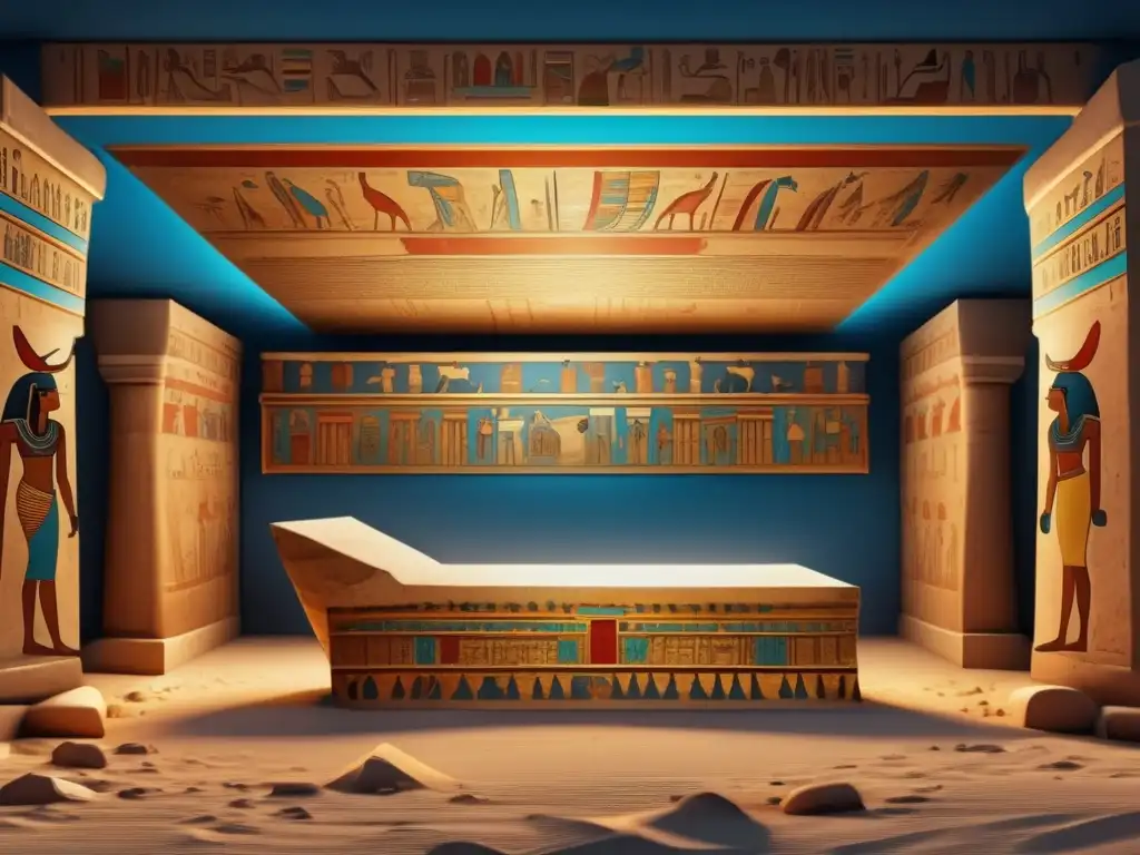Evolución ritos funerarios Egipto: Cámara funeraria egipcia antigua, con jeroglíficos, sarcófago y ofrendas, en ambiente místico y reverente