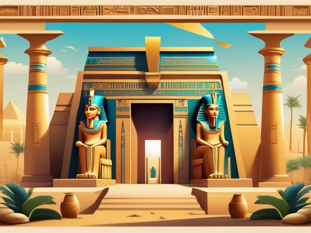 Ritos de nacimiento de dioses egipcios: Ilustración vintage detalla templo adornado con jeroglíficos y murales vibrantes