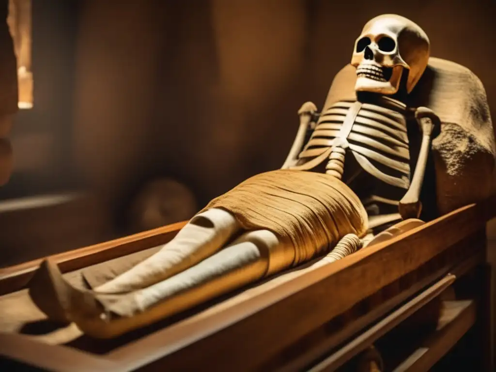 Ritual de momificación en el antiguo Egipto: sacerdotes envuelven cuidadosamente un cuerpo en lino, en una escena histórica y misteriosa