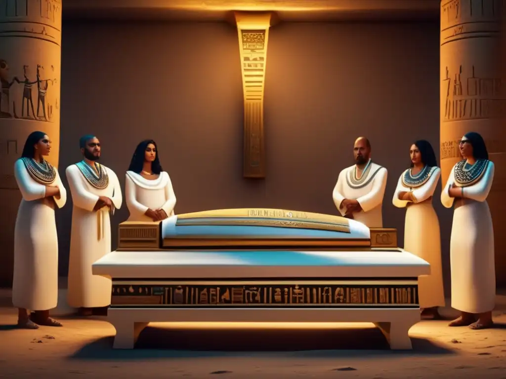Un ritual funerario egipcio moderno: en una habitación tenue, fieles vestidos de blanco se reúnen alrededor de un sarcófago adornado