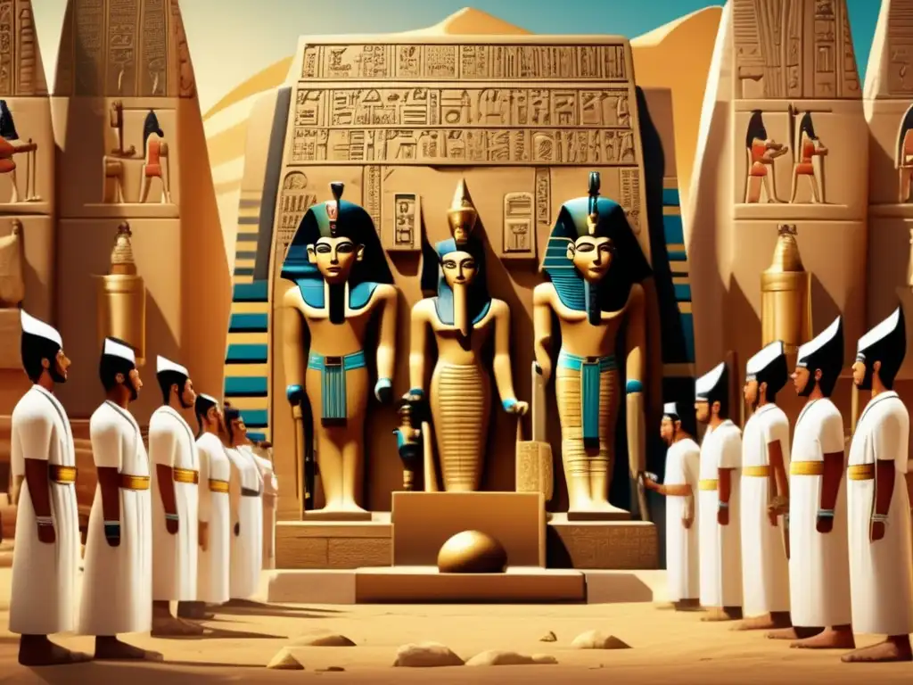 Rituales de Apertura de la Boca: sacerdotes egipcios animan estatua para la eternidad en un escenario vintage